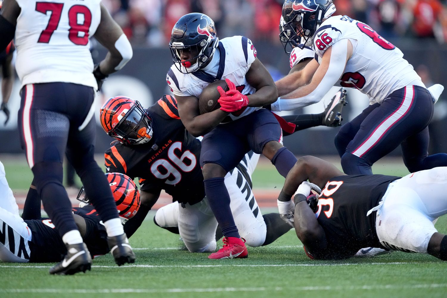 Singletary is tackled by Bengals defensive tackle DJ Reader in the fourth quarter of a Week 10 NFL football game between the Houston Texans and the Cincinnati Bengals,